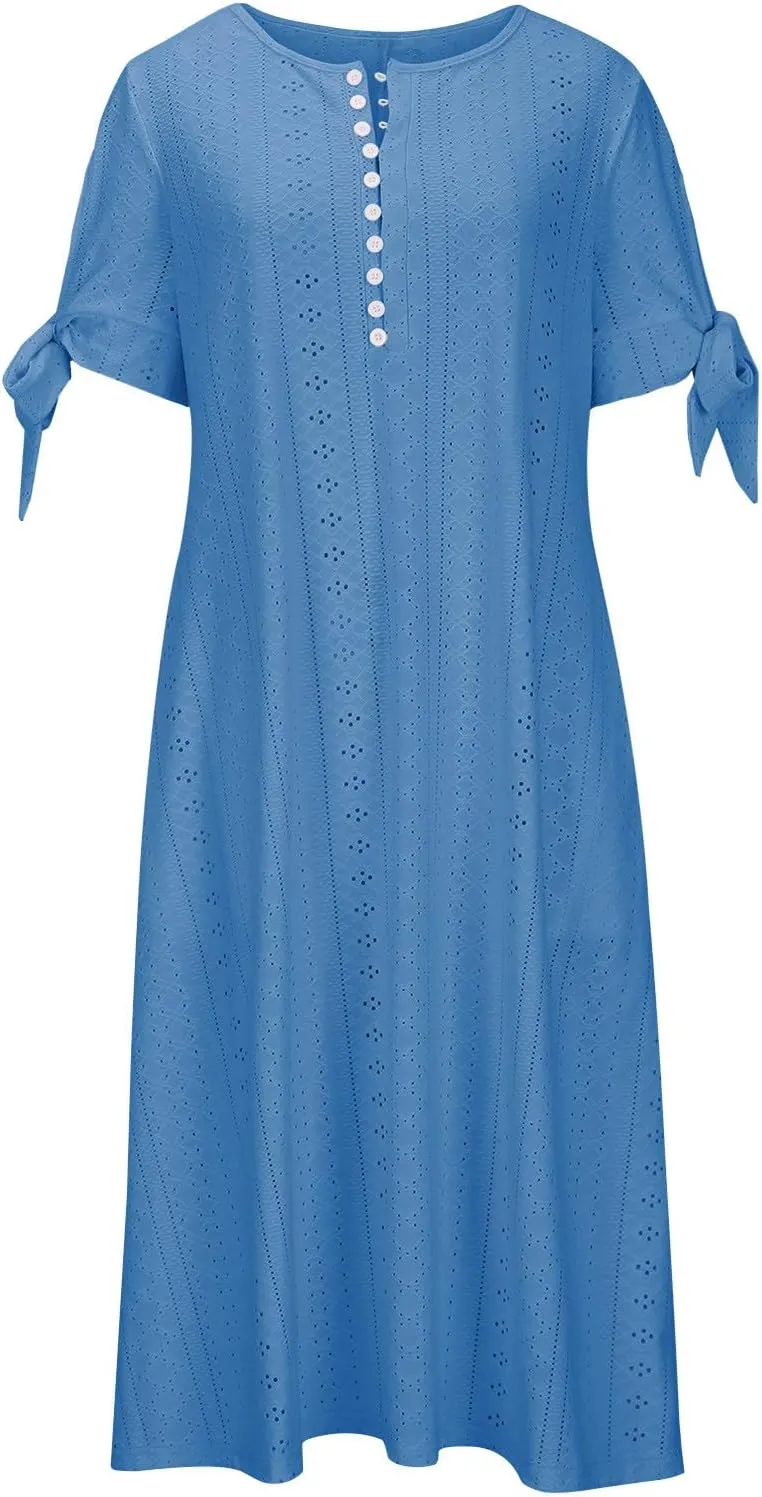 Summer Dresses for Women 2024 Casual V Neck Eyelet Boho Maxi Dresses Trendy Short Sleeve Beach Vacation Outfits with Pocket
