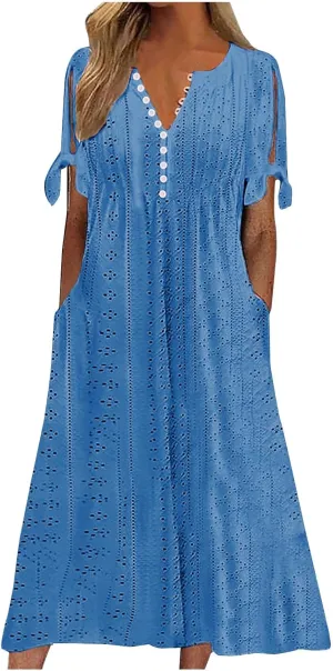Summer Dresses for Women 2024 Casual V Neck Eyelet Boho Maxi Dresses Trendy Short Sleeve Beach Vacation Outfits with Pocket