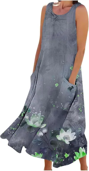 Summer Dresses for Women 2024 Sleeveless Floral Printed Midi Dress Spring Casual Dress Shift Dress Beach Dress