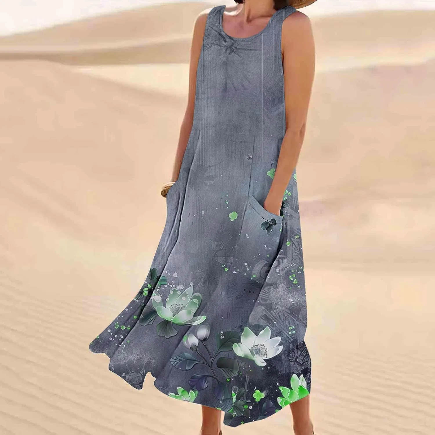 Summer Dresses for Women 2024 Sleeveless Floral Printed Midi Dress Spring Casual Dress Shift Dress Beach Dress