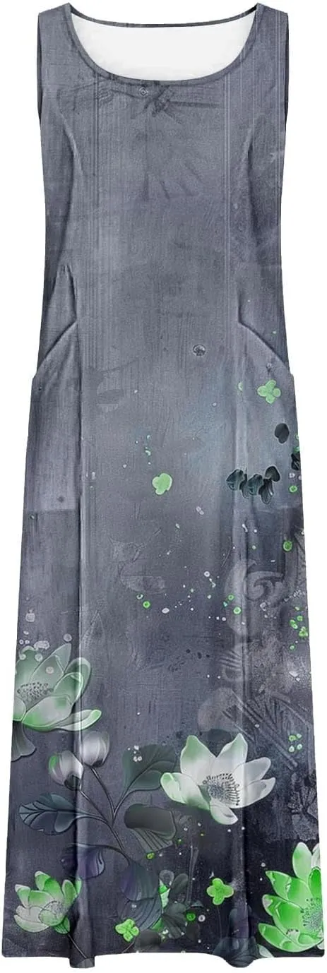 Summer Dresses for Women 2024 Sleeveless Floral Printed Midi Dress Spring Casual Dress Shift Dress Beach Dress