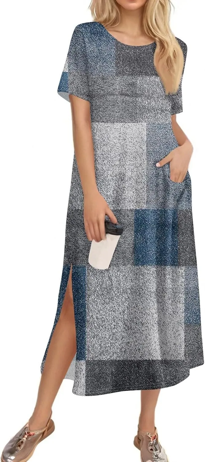 Summer Dresses for Women 2025 Beach Vacation Spring Clothes Short Sleeve Round Neck Casual Maxi Dresses