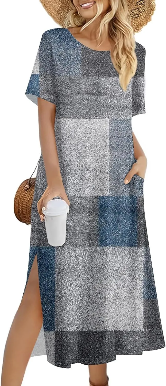 Summer Dresses for Women 2025 Beach Vacation Spring Clothes Short Sleeve Round Neck Casual Maxi Dresses