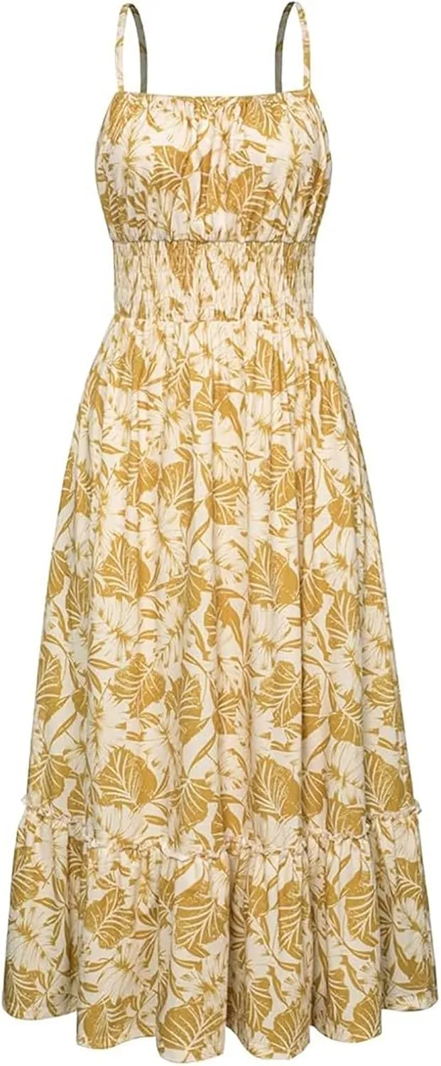 Summer Dresses for Women 2025 Casual Ruffle Smocked Tiered A-Line Boho Floral Maxi Beach Sun Dress with Pockets