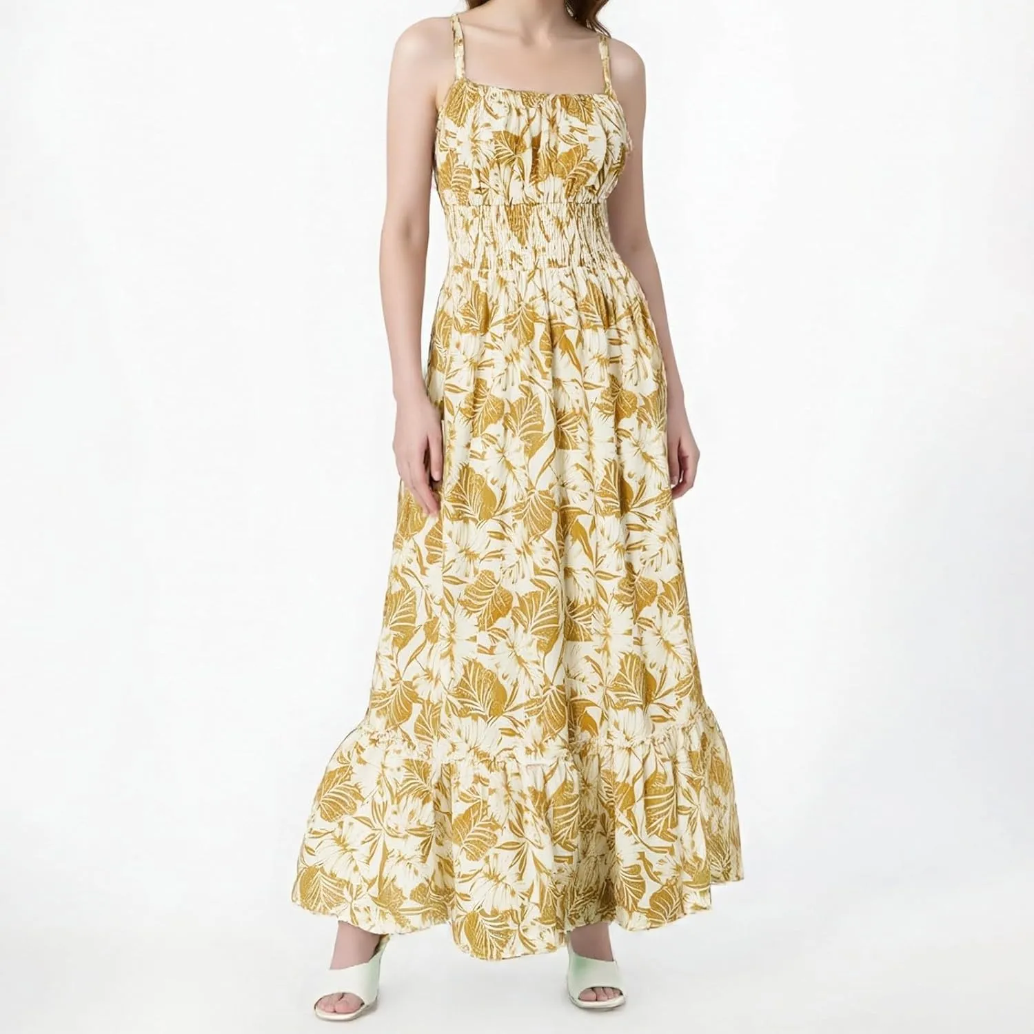 Summer Dresses for Women 2025 Casual Ruffle Smocked Tiered A-Line Boho Floral Maxi Beach Sun Dress with Pockets