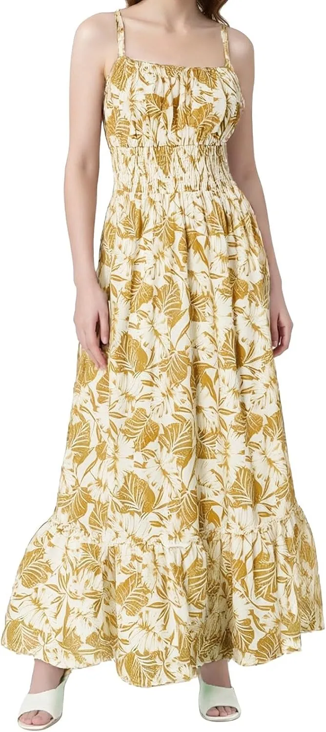 Summer Dresses for Women 2025 Casual Ruffle Smocked Tiered A-Line Boho Floral Maxi Beach Sun Dress with Pockets