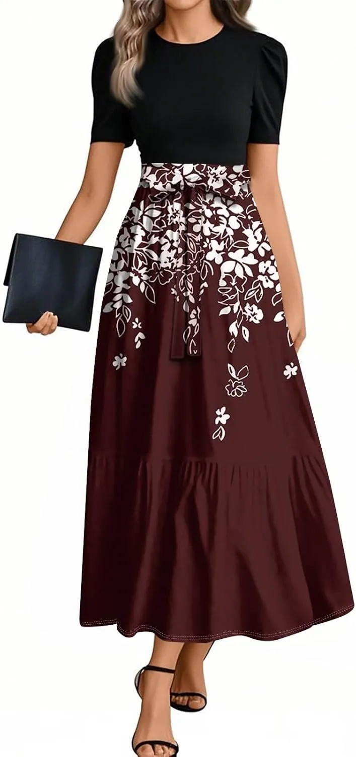 Summer Dresses for Women 2025 Fashion Maxi Dress Ruffle Short Sleeve Casual Floral Print Long Flowy Dresses