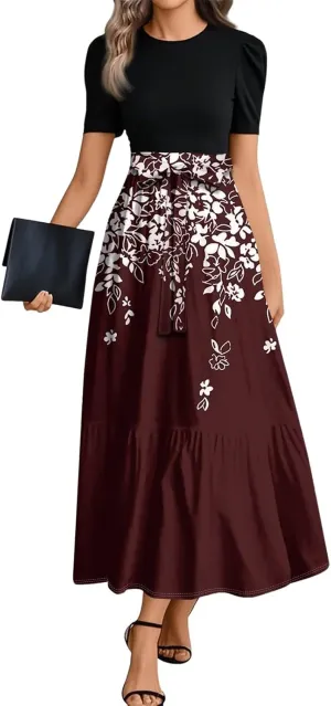 Summer Dresses for Women 2025 Fashion Maxi Dress Ruffle Short Sleeve Casual Floral Print Long Flowy Dresses