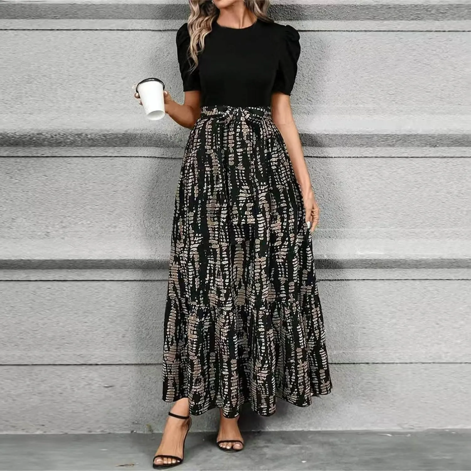 Summer Dresses for Women 2025 Maxi Casual Puff Short Sleeve Floral Dress with Belt Color Block Elegant Dresses