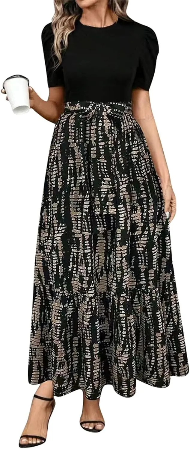 Summer Dresses for Women 2025 Maxi Casual Puff Short Sleeve Floral Dress with Belt Color Block Elegant Dresses
