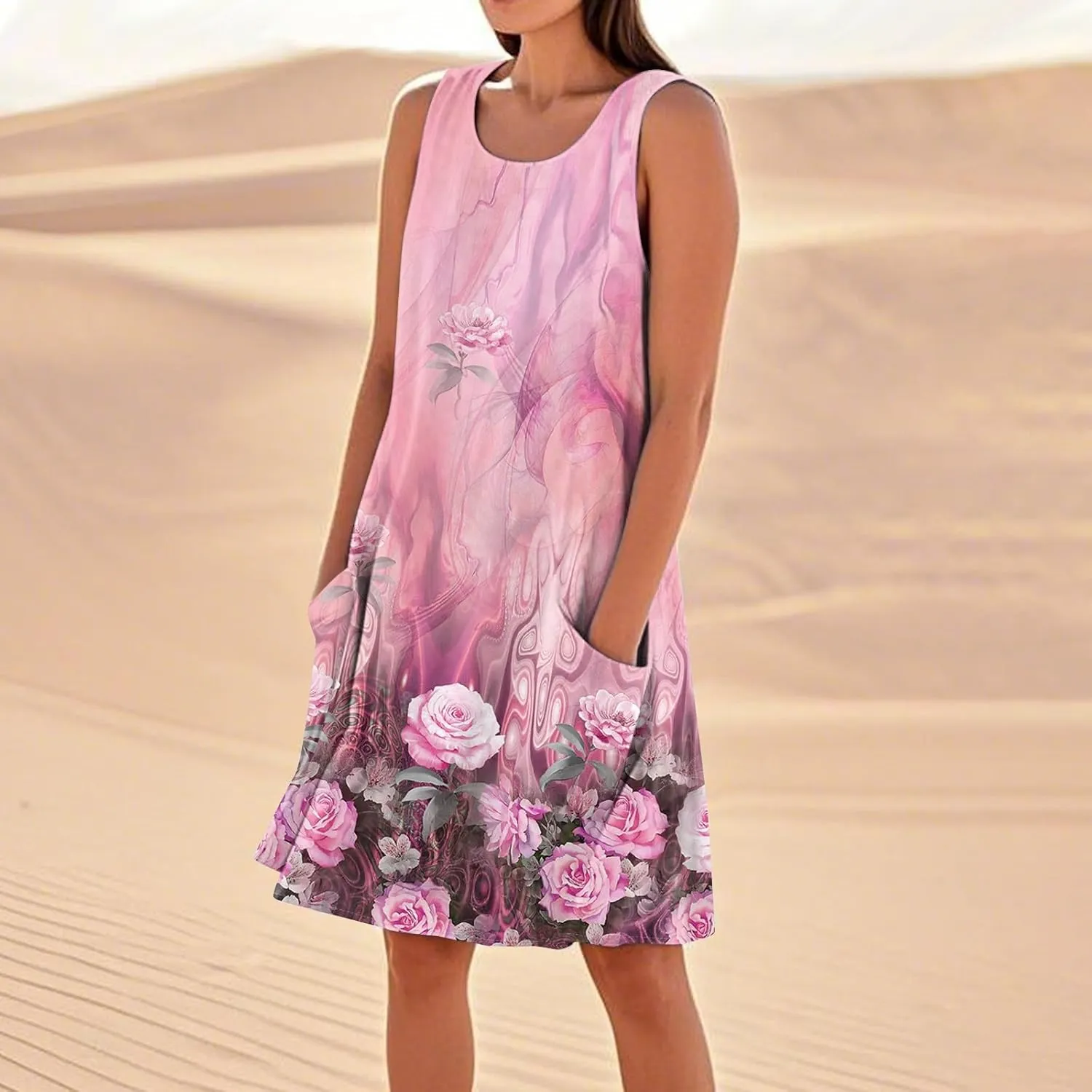 Summer Dresses for Women 2025 Round Neck Short Sleeve Cotton Linen Dress Beach Vacation Sundresses with Pockets