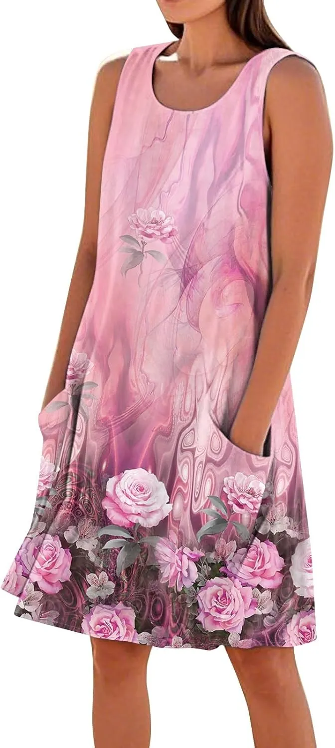 Summer Dresses for Women 2025 Round Neck Short Sleeve Cotton Linen Dress Beach Vacation Sundresses with Pockets