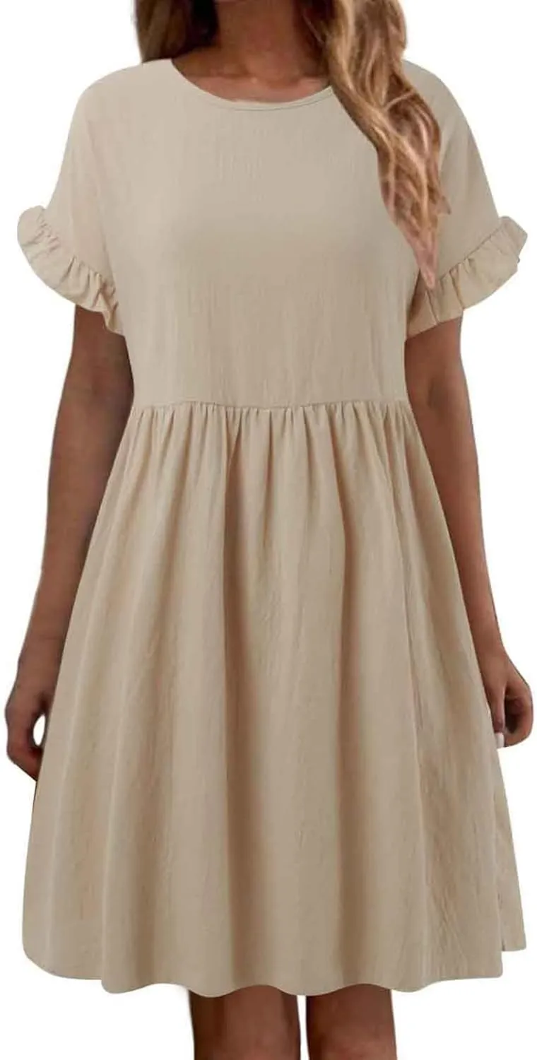 Summer Dresses for Women 2025 Ruffle Short Sleeve Round Neck Dresses Cotton Linen A-Line T-Shirt Loose Elegant Dress