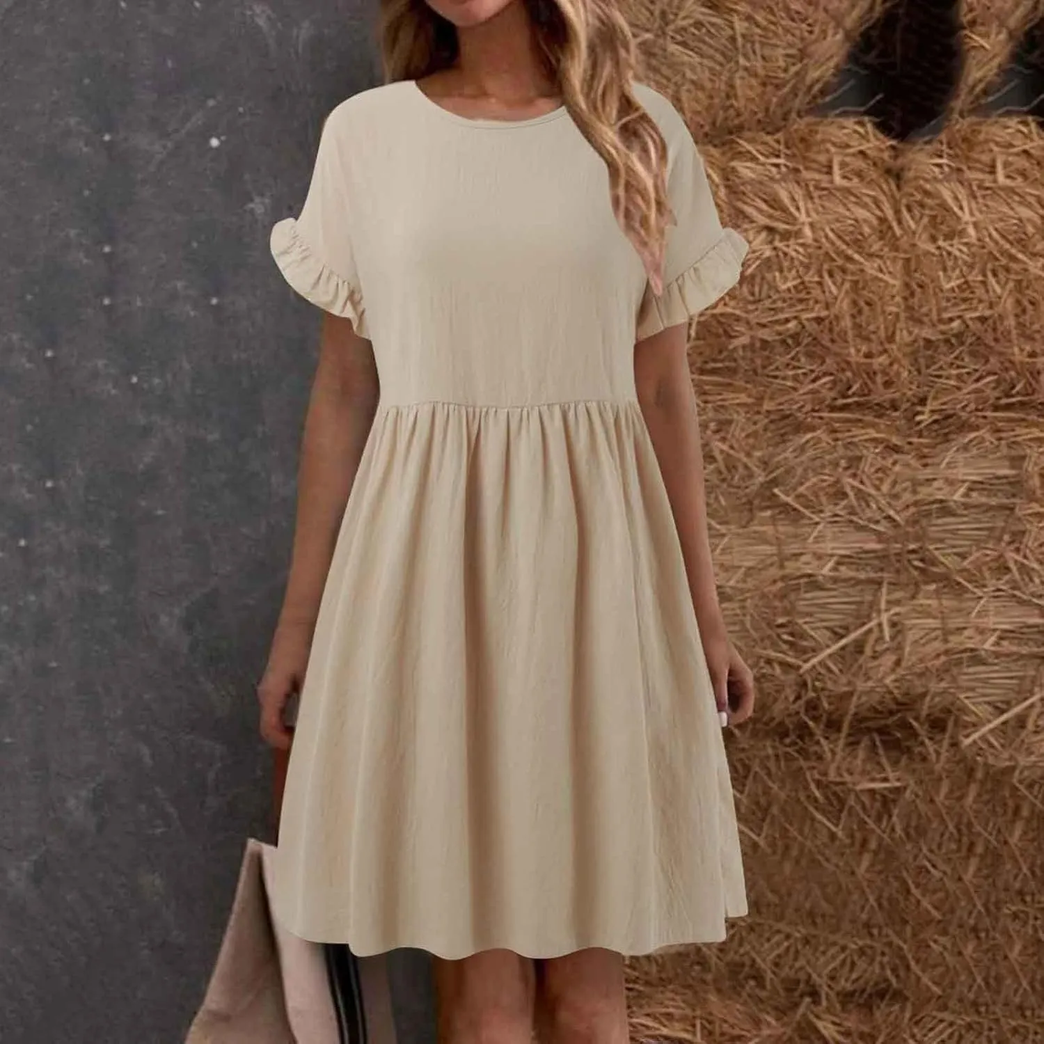 Summer Dresses for Women 2025 Ruffle Short Sleeve Round Neck Dresses Cotton Linen A-Line T-Shirt Loose Elegant Dress