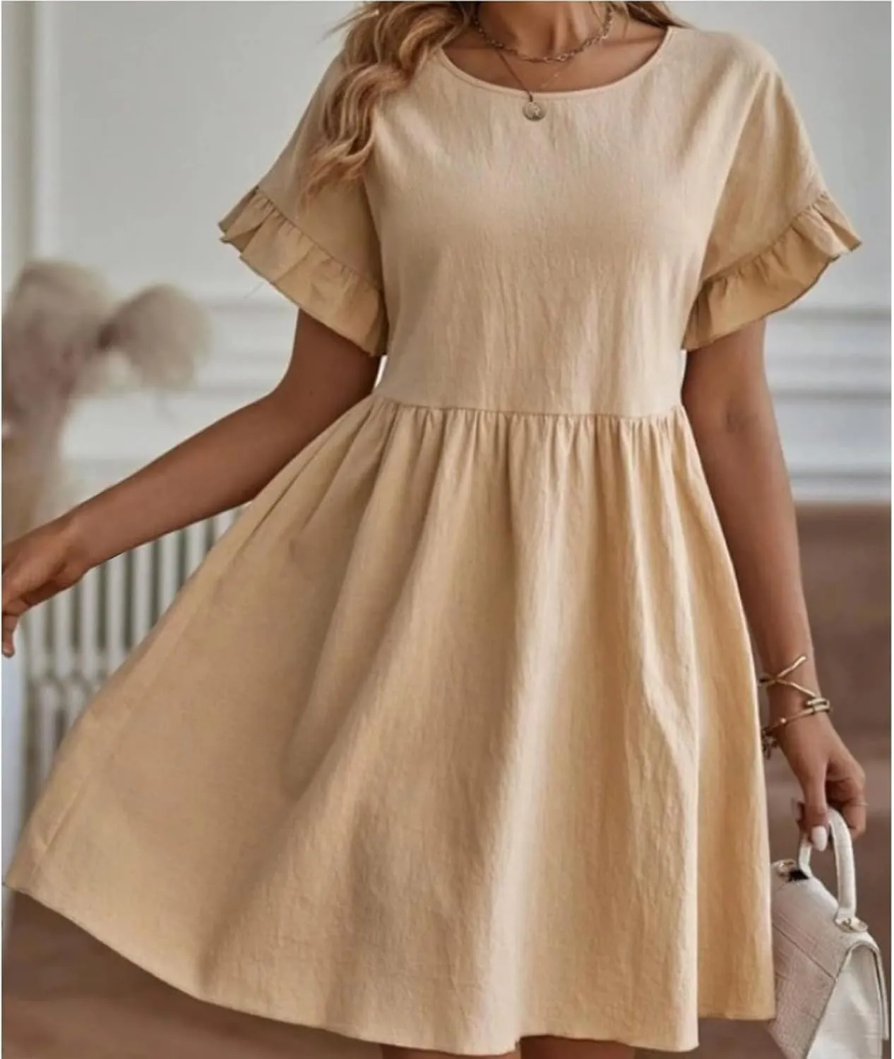 Summer Dresses for Women 2025 Ruffle Short Sleeve Round Neck Dresses Cotton Linen A-Line T-Shirt Loose Elegant Dress
