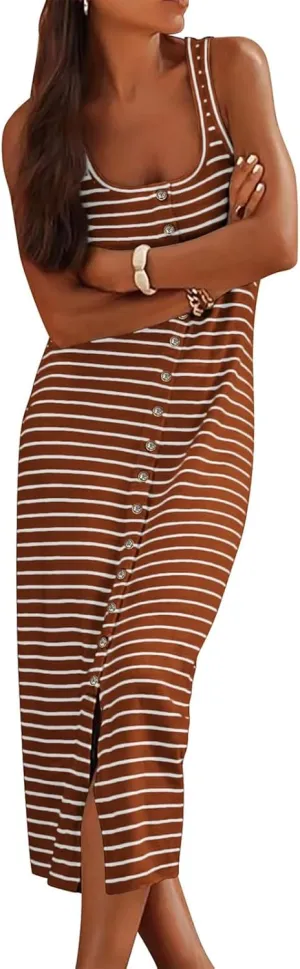 Summer Dresses for Women 2025 Striped Sleeveless U Neck Button Down Maxi Dress Slim Fit Split Sundress