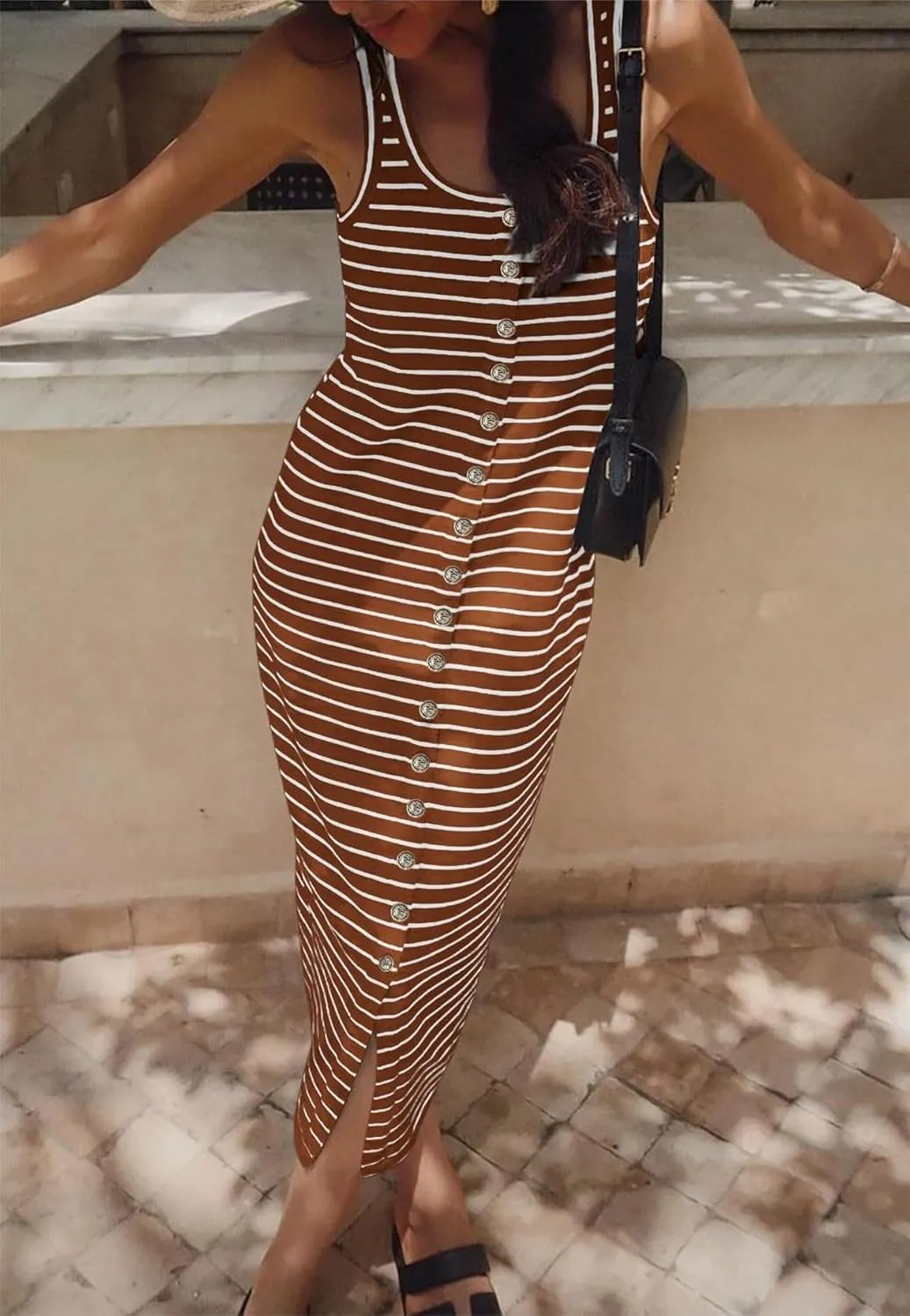 Summer Dresses for Women 2025 Striped Sleeveless U Neck Button Down Maxi Dress Slim Fit Split Sundress