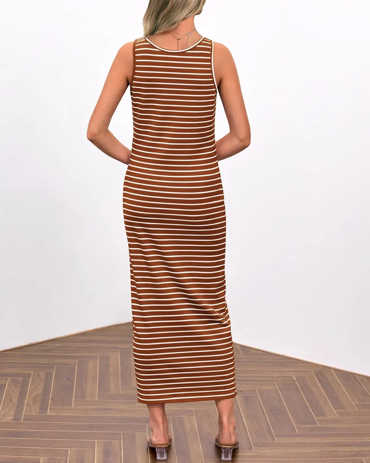 Summer Dresses for Women 2025 Striped Sleeveless U Neck Button Down Maxi Dress Slim Fit Split Sundress