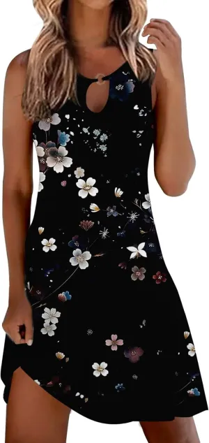 Summer Dresses for Women Casual Sleeveless Sundress Floral Loose Fit Beach Cover Up T Shirt Dresses with Pocket