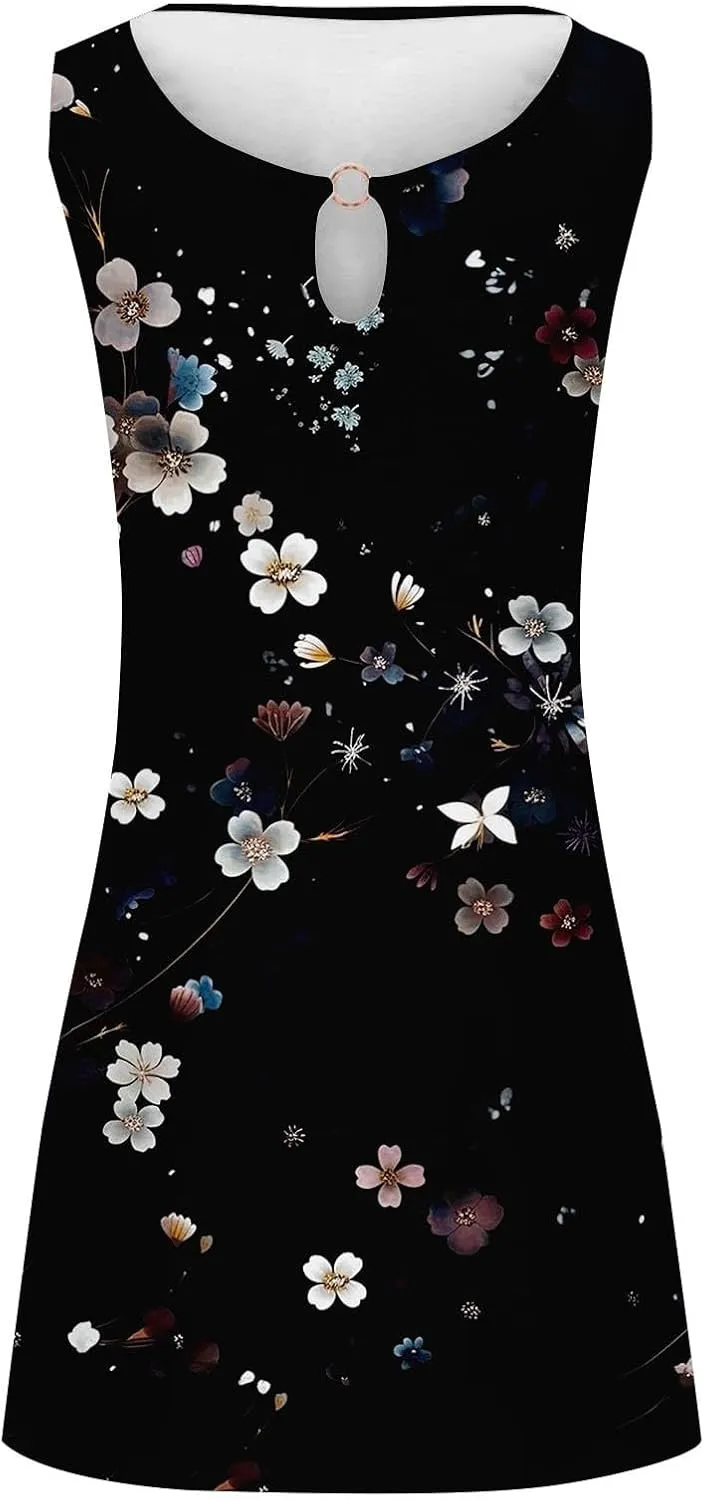 Summer Dresses for Women Casual Sleeveless Sundress Floral Loose Fit Beach Cover Up T Shirt Dresses with Pocket