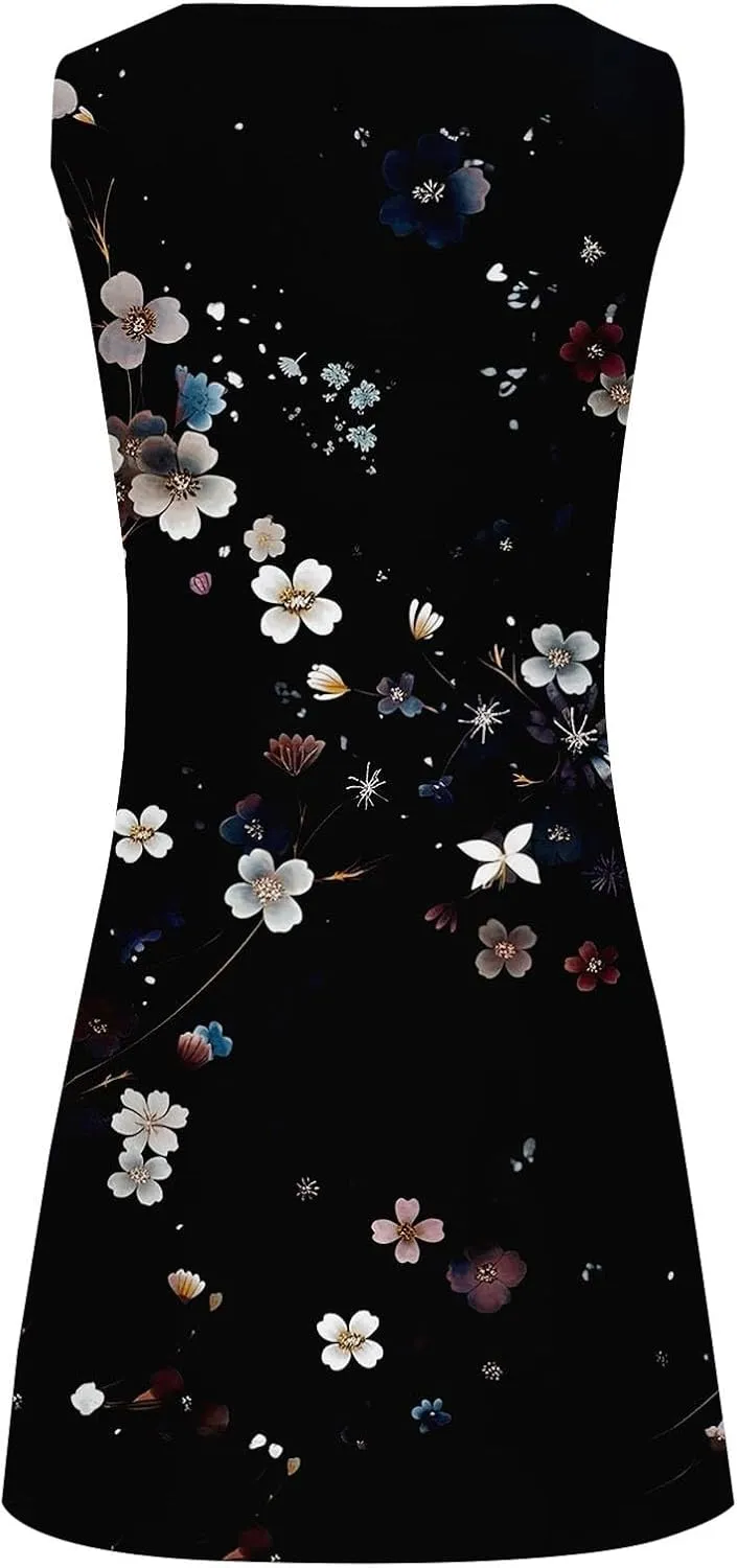 Summer Dresses for Women Casual Sleeveless Sundress Floral Loose Fit Beach Cover Up T Shirt Dresses with Pocket