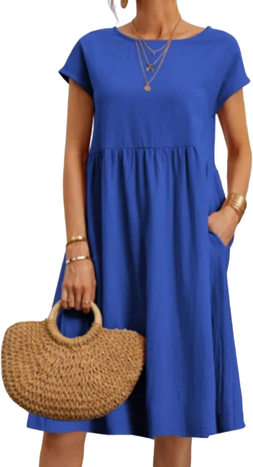 Summer Dresses for Women Cotton Linen Short Sleeve Crewneck Ruffle Waist Midi Dress A Line Loose Fit Sundress 2025