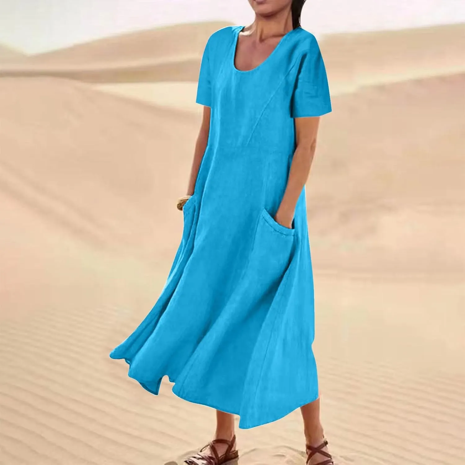 Summer Dresses for Women Cotton Linen Short Sleeve Flowy Maxi Dresses Plus Size Crewneck Beach Dress Loose Sundress