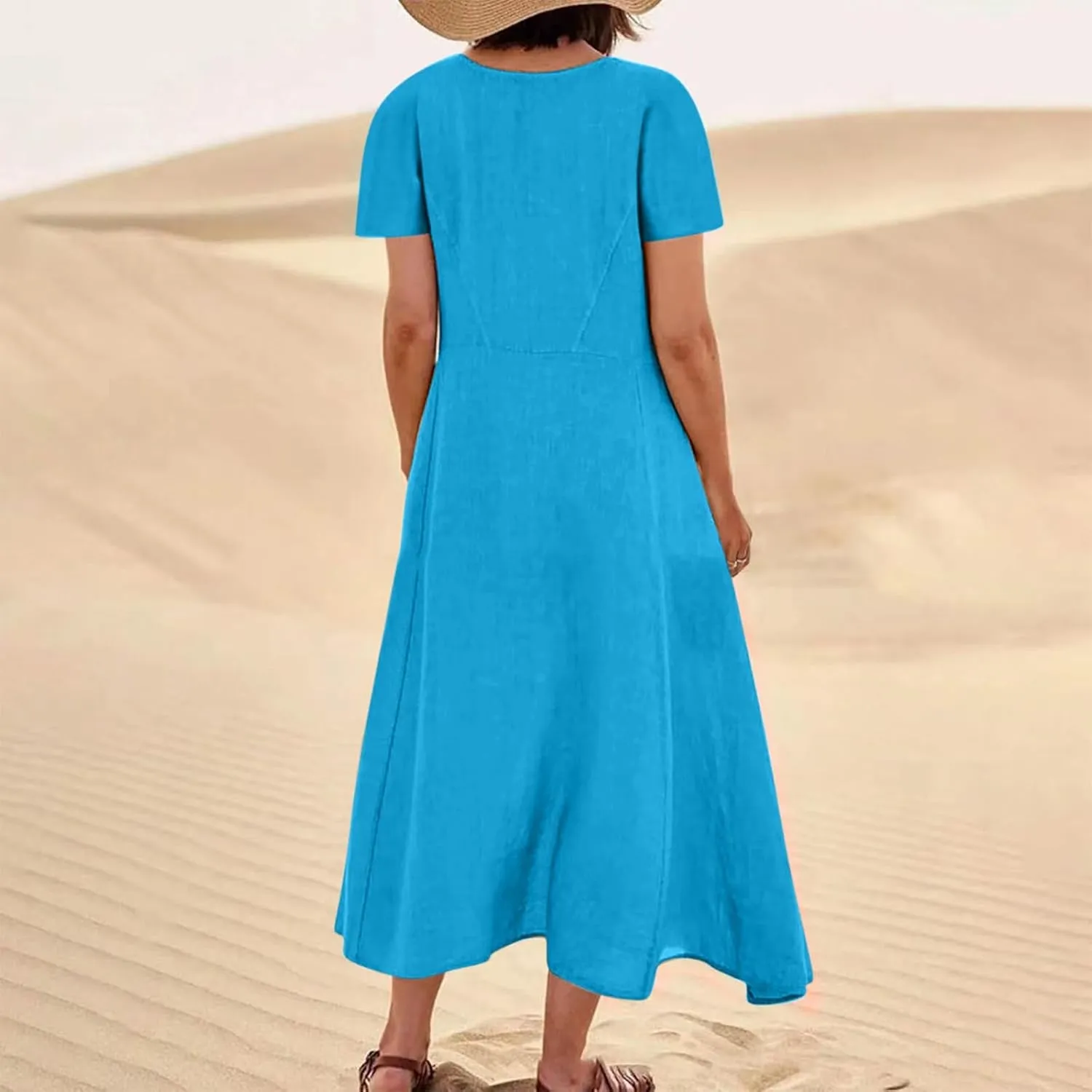 Summer Dresses for Women Cotton Linen Short Sleeve Flowy Maxi Dresses Plus Size Crewneck Beach Dress Loose Sundress