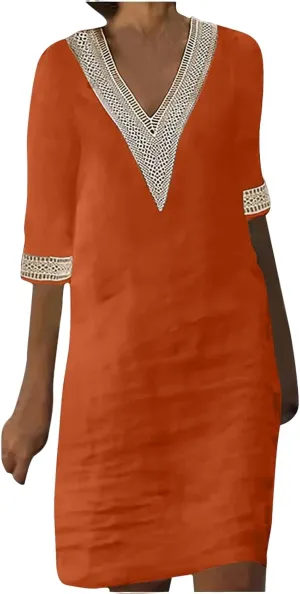 Summer Dresses for Women Cotton Linen V Neck Short Sleeve Casual Embroidered Dress Beach Vacation T Shirt Shift Dress