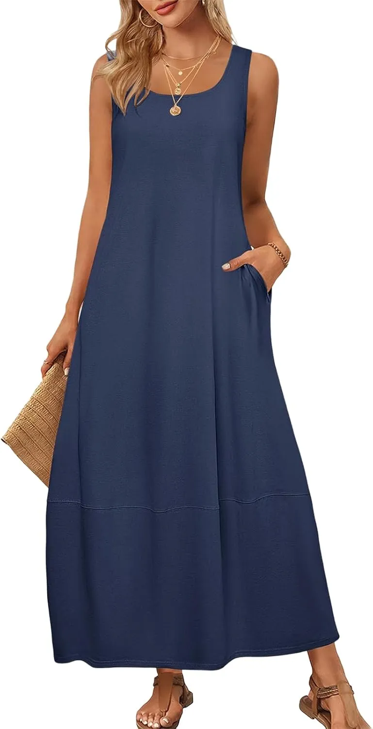 Summer Dresses for Women Crew Neck Casual Loose Long Maxi Beach Dress Solid Color Tank Dressss with Pockets 2025