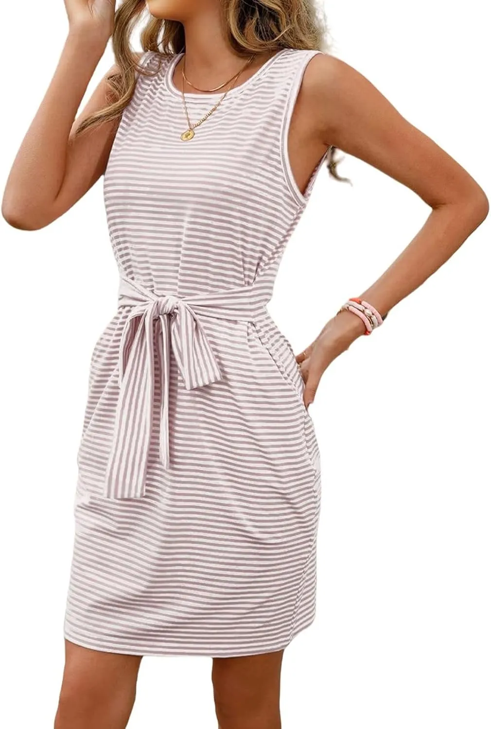 Summer Dresses for Women Sleeveless Striped T Shirt Dress Casual Crewneck Sundress Tie Waist Mini Dresses