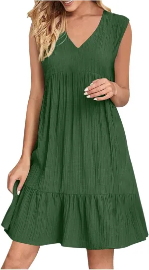 Summer Dresses for Women Sleeveless V Neck Fashion Casual Flowy Boho Casual Shift Dress A Line Knee