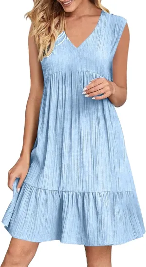 Summer Dresses for Women Sleeveless V Neck Fashion Casual Flowy Boho Casual Shift Dress A Line Knee