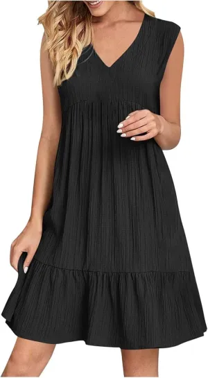 Summer Dresses for Women Sleeveless V Neck Fashion Casual Flowy Boho Casual Shift Dress A Line Knee