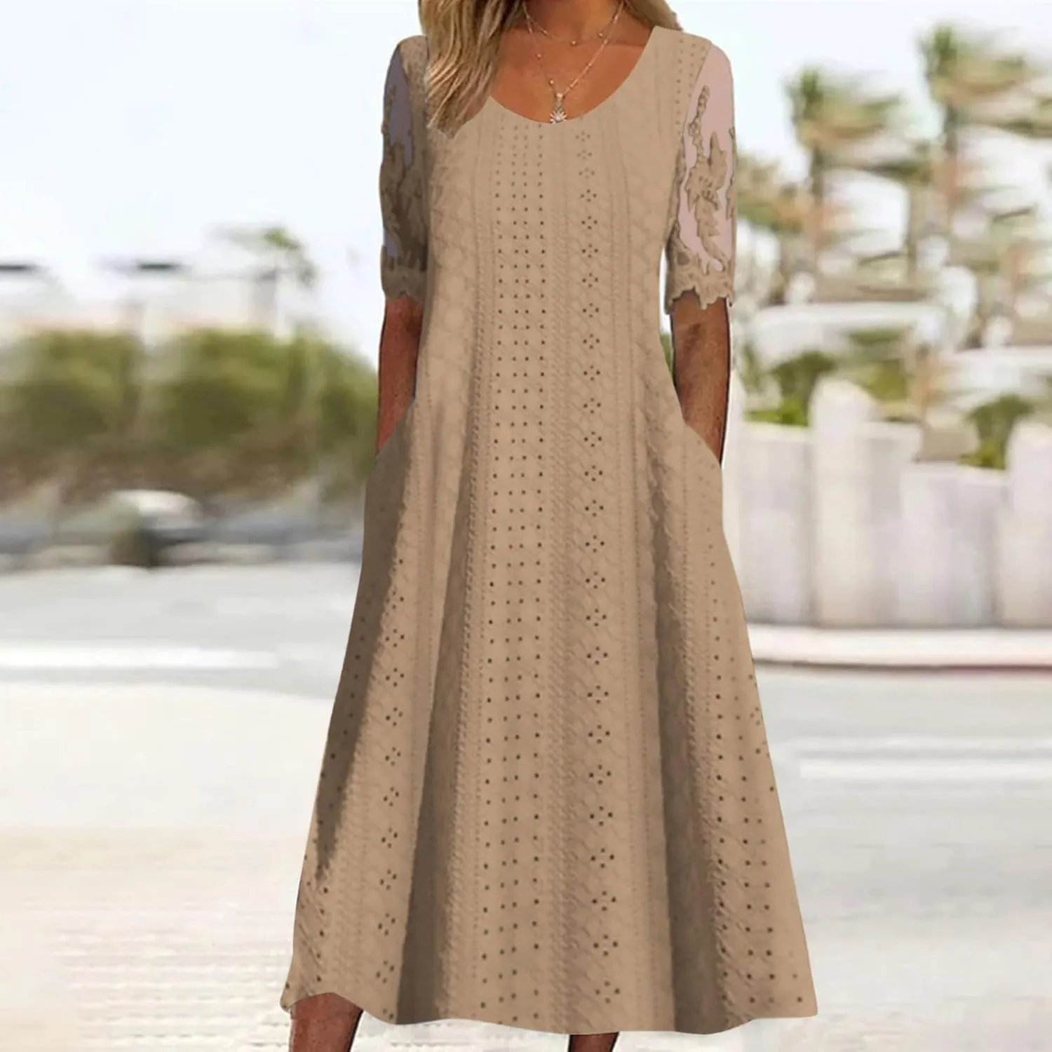 Summer Fashion Eyelets Midi Dress Women Lace Raglan Sleeve Pleated Flared Dresses Loose Casual Lounge Outfits