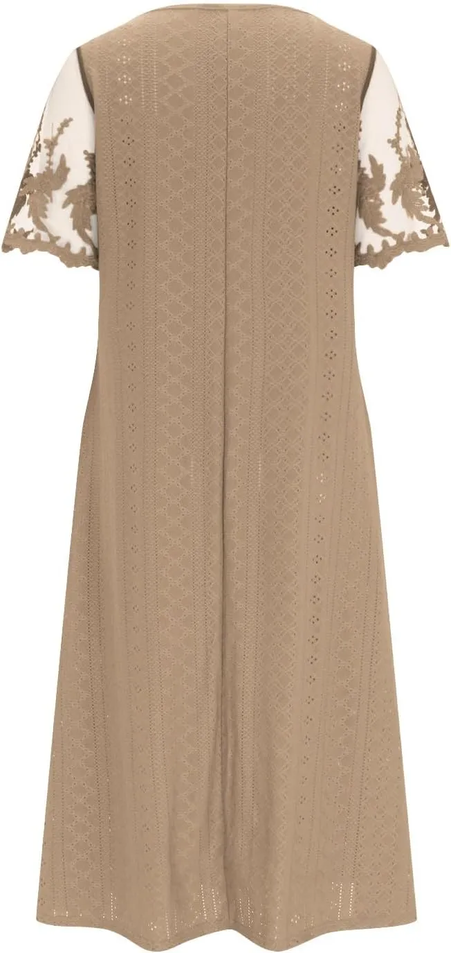 Summer Fashion Eyelets Midi Dress Women Lace Raglan Sleeve Pleated Flared Dresses Loose Casual Lounge Outfits