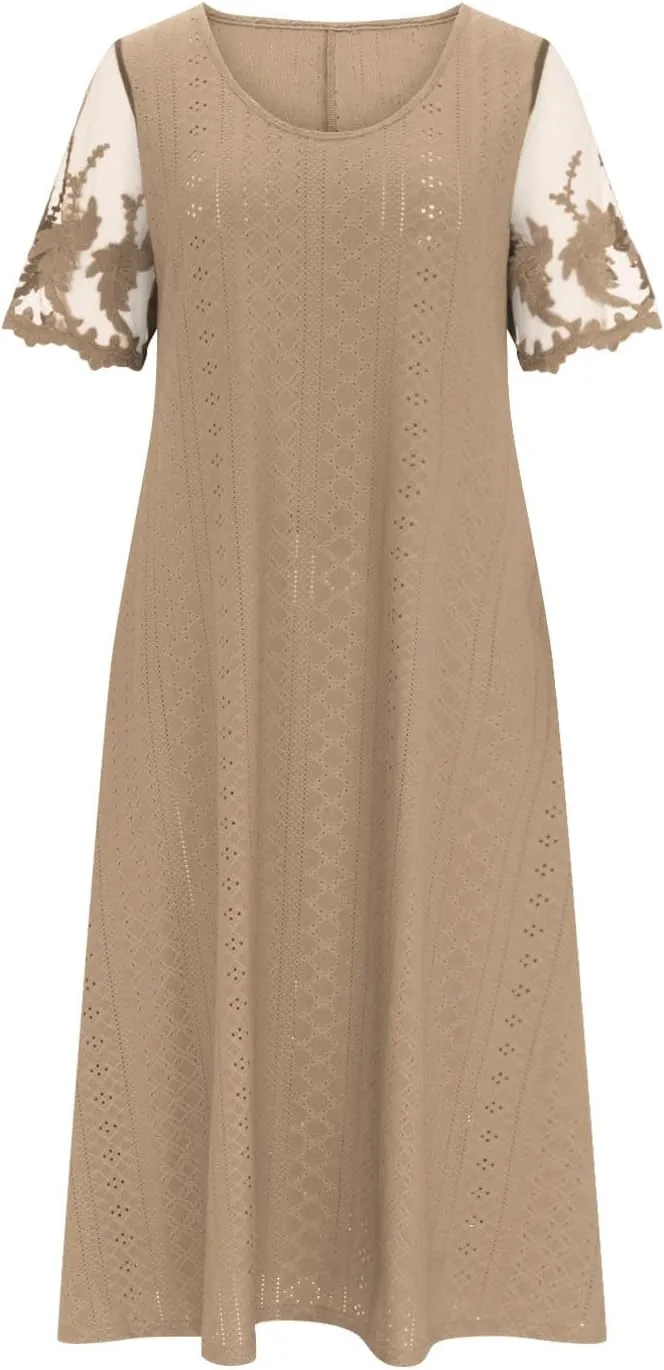 Summer Fashion Eyelets Midi Dress Women Lace Raglan Sleeve Pleated Flared Dresses Loose Casual Lounge Outfits