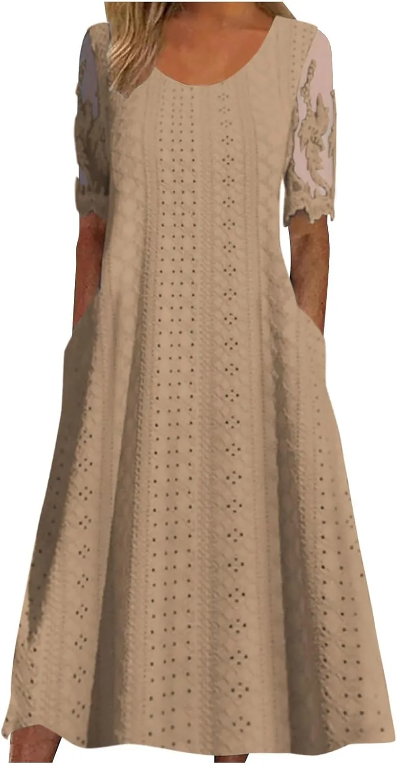 Summer Fashion Eyelets Midi Dress Women Lace Raglan Sleeve Pleated Flared Dresses Loose Casual Lounge Outfits