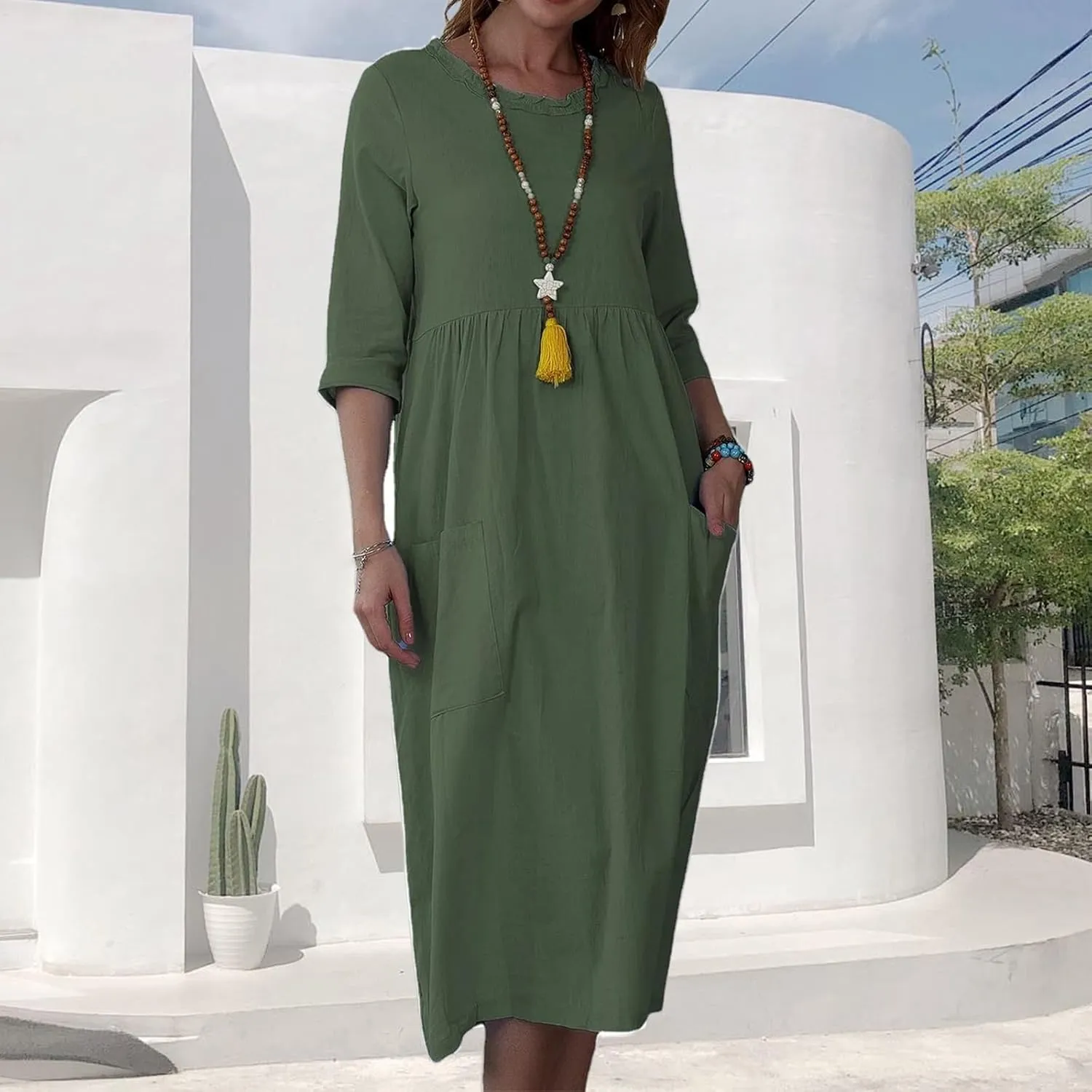 Summer Maxi Dresses for Women Casual Cotton Linen Long Dress Short Sleeve Loose Beach Sundress Tshirt Dress Pockets