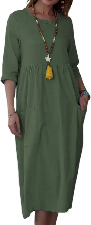 Summer Maxi Dresses for Women Casual Cotton Linen Long Dress Short Sleeve Loose Beach Sundress Tshirt Dress Pockets
