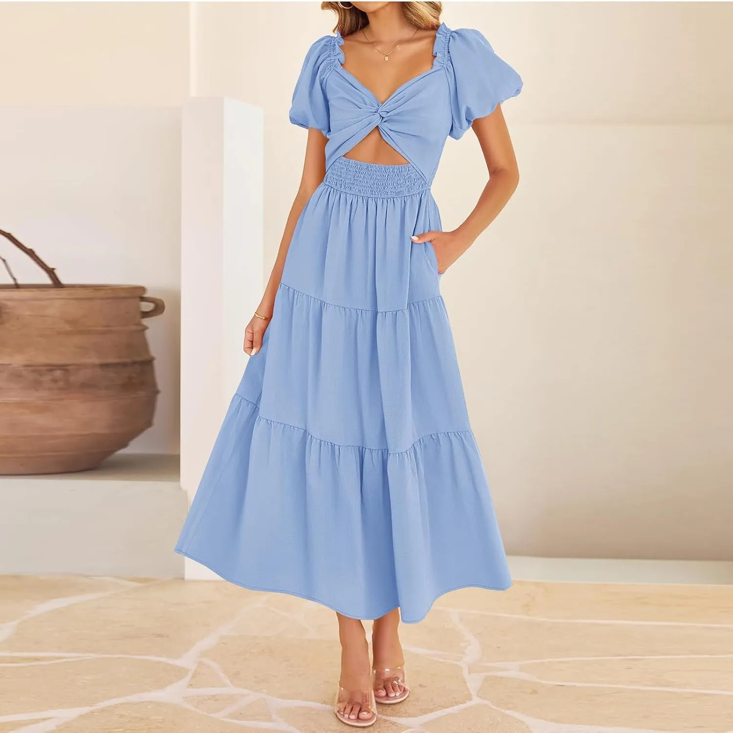 Summer Maxi Smocked Dresses for Women 2025 Vacation Short Puff Sleeve V Neck Cut Out Knot Long Flowy Tiered A Line Dress