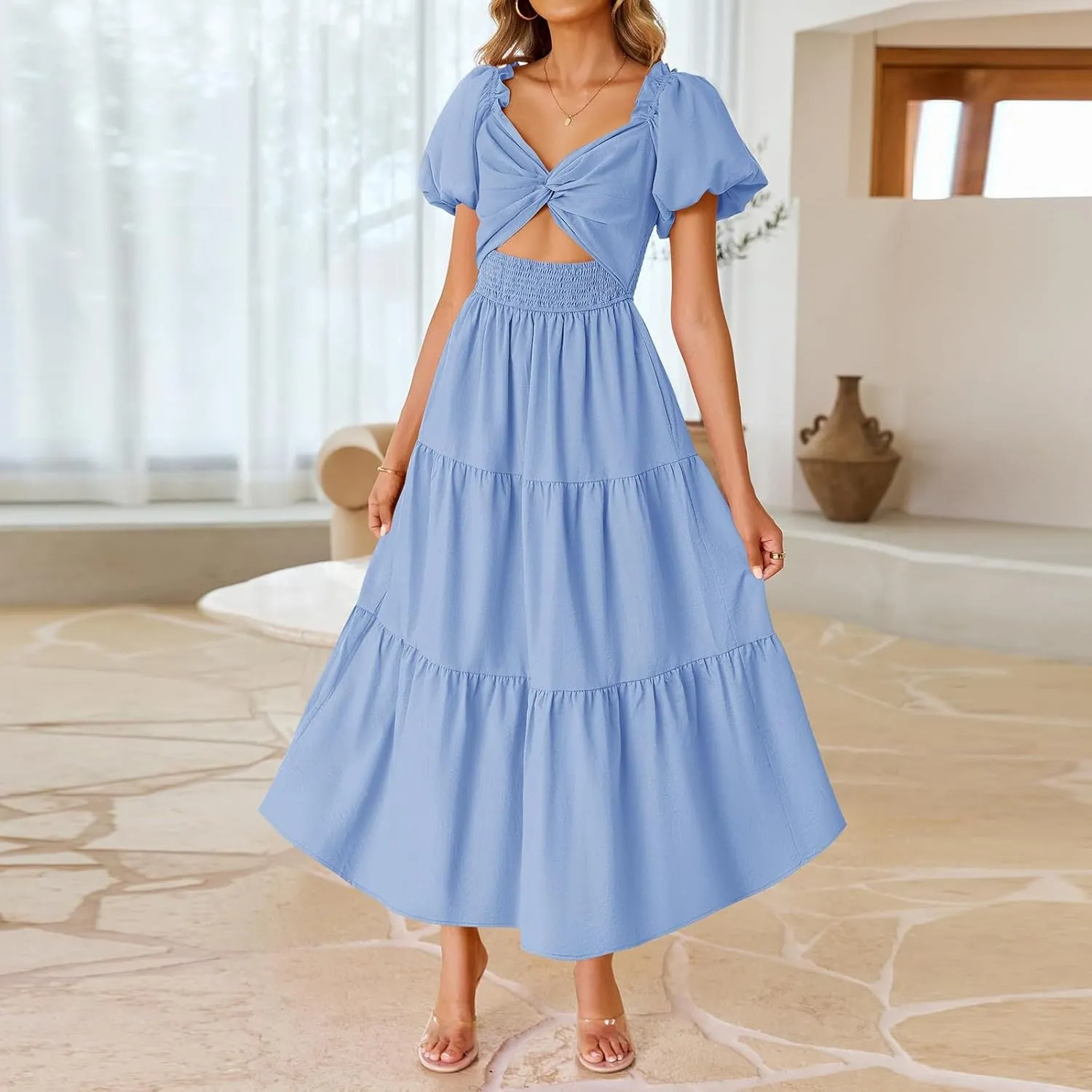 Summer Maxi Smocked Dresses for Women 2025 Vacation Short Puff Sleeve V Neck Cut Out Knot Long Flowy Tiered A Line Dress