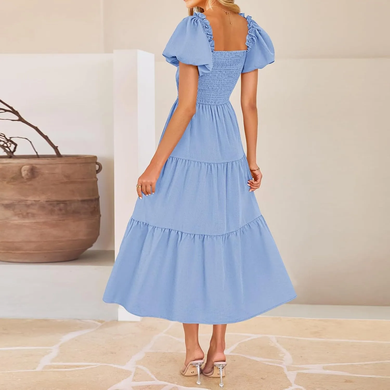 Summer Maxi Smocked Dresses for Women 2025 Vacation Short Puff Sleeve V Neck Cut Out Knot Long Flowy Tiered A Line Dress