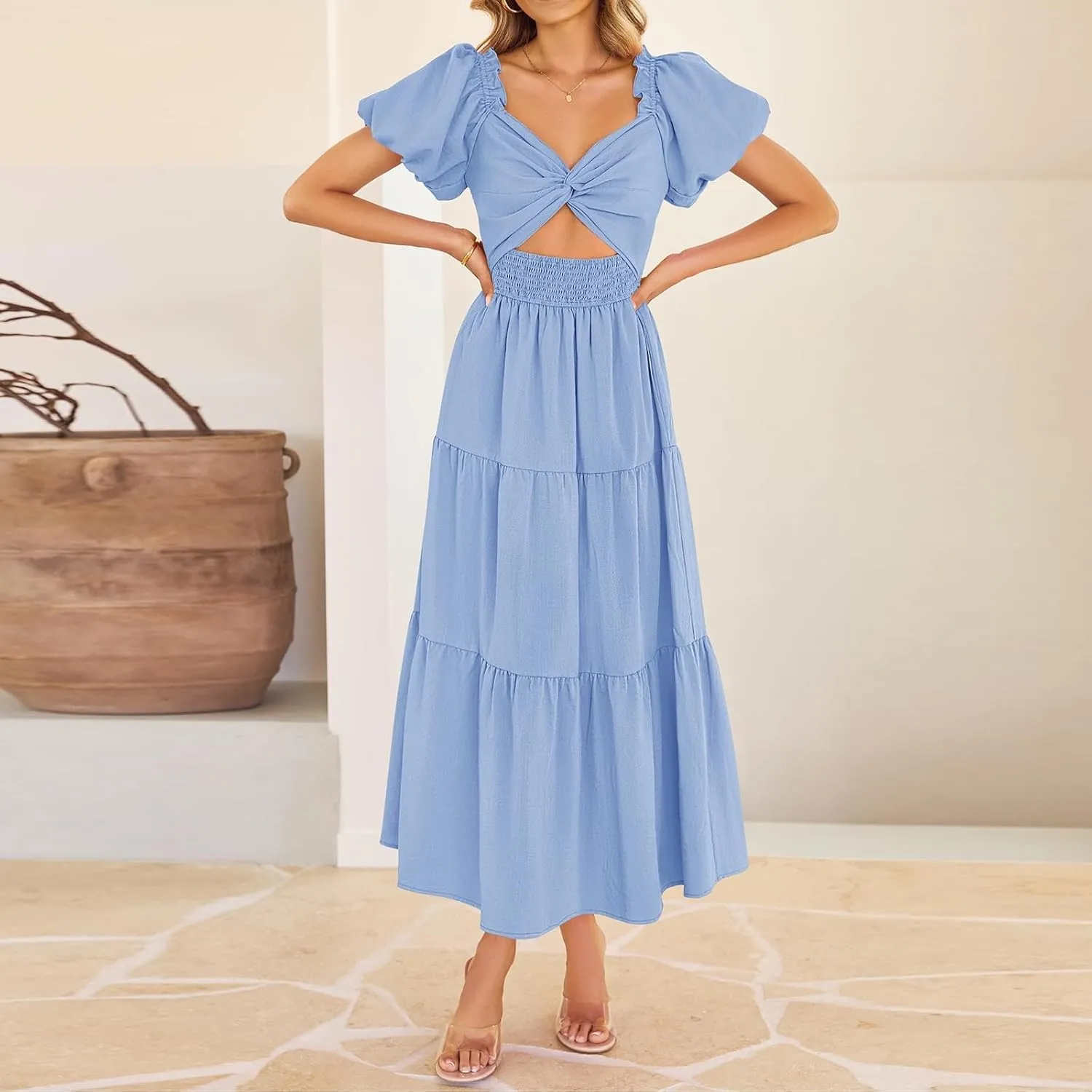 Summer Maxi Smocked Dresses for Women 2025 Vacation Short Puff Sleeve V Neck Cut Out Knot Long Flowy Tiered A Line Dress