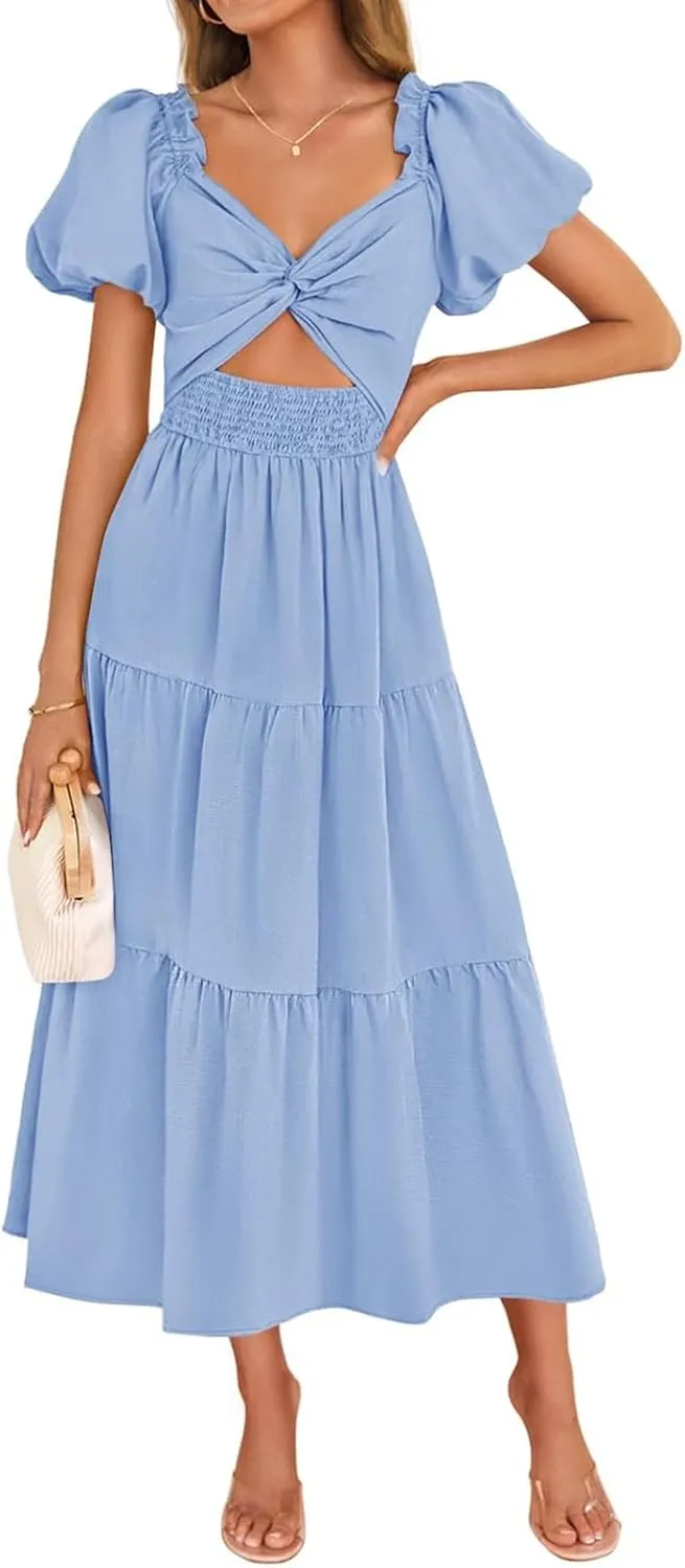 Summer Maxi Smocked Dresses for Women 2025 Vacation Short Puff Sleeve V Neck Cut Out Knot Long Flowy Tiered A Line Dress