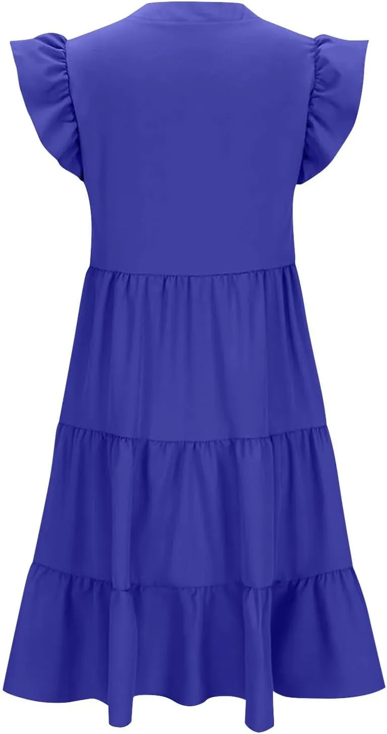 Summer Midi Dresses for Women Ruffle Cap Sleeve V Neck Boho Beach Dress Casual Flowy Tiered Pleated Sundress