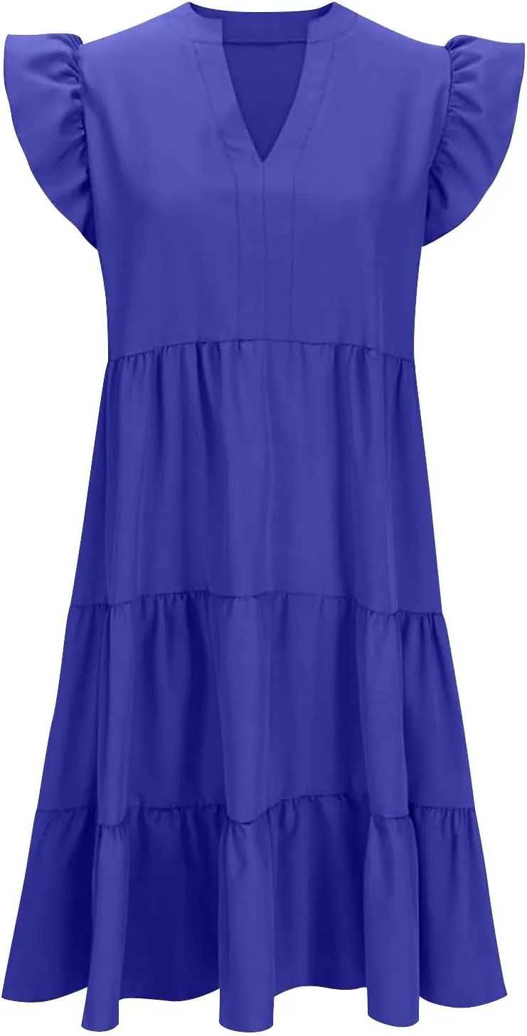 Summer Midi Dresses for Women Ruffle Cap Sleeve V Neck Boho Beach Dress Casual Flowy Tiered Pleated Sundress