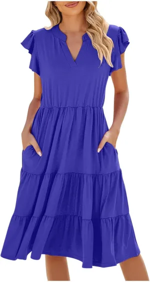 Summer Midi Dresses for Women Ruffle Cap Sleeve V Neck Boho Beach Dress Casual Flowy Tiered Pleated Sundress