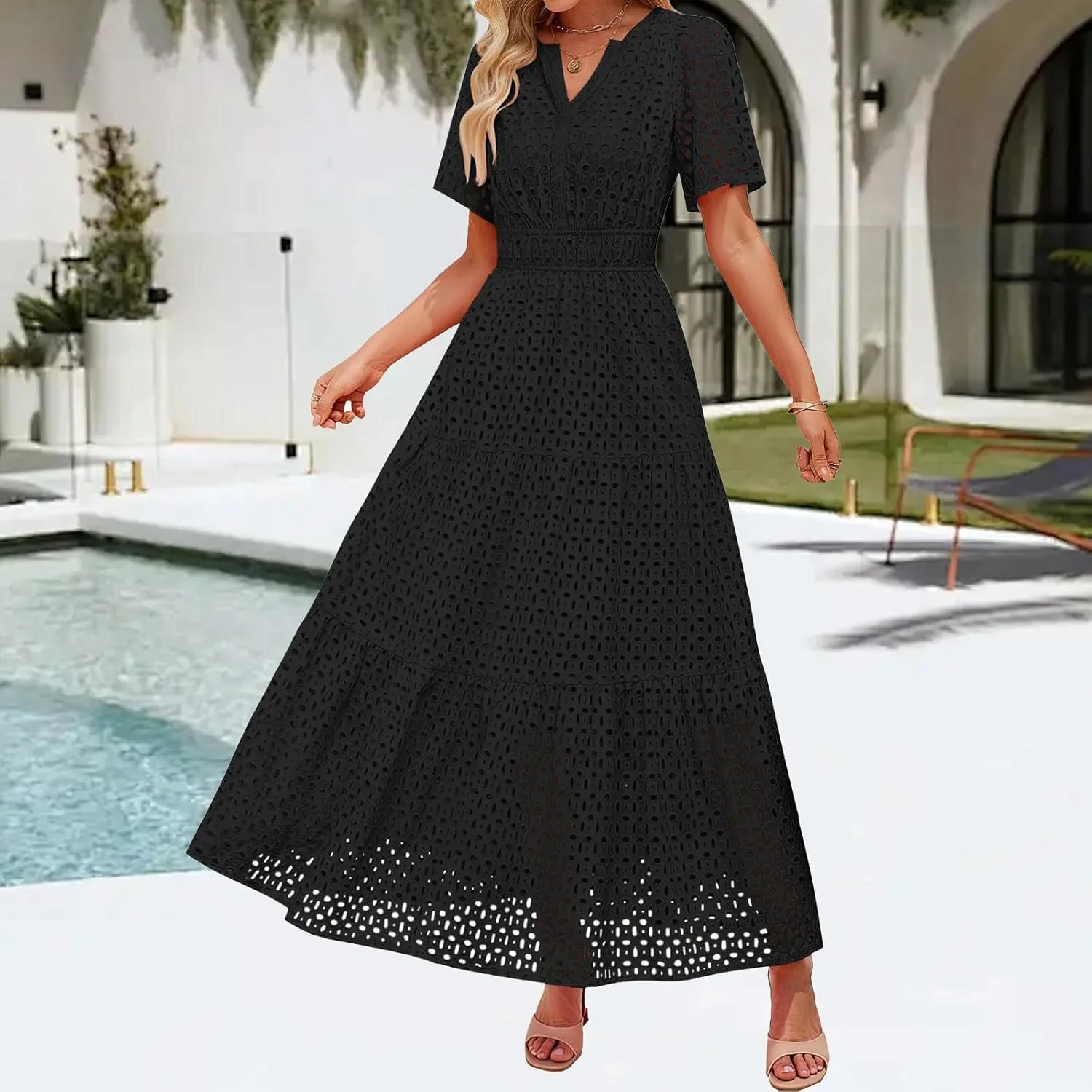 Summer Midi Dresses for Women Trendy Hollow Out V Neck Short Sleeve Dress Casual Comfortable Tunic Pleated Sundress