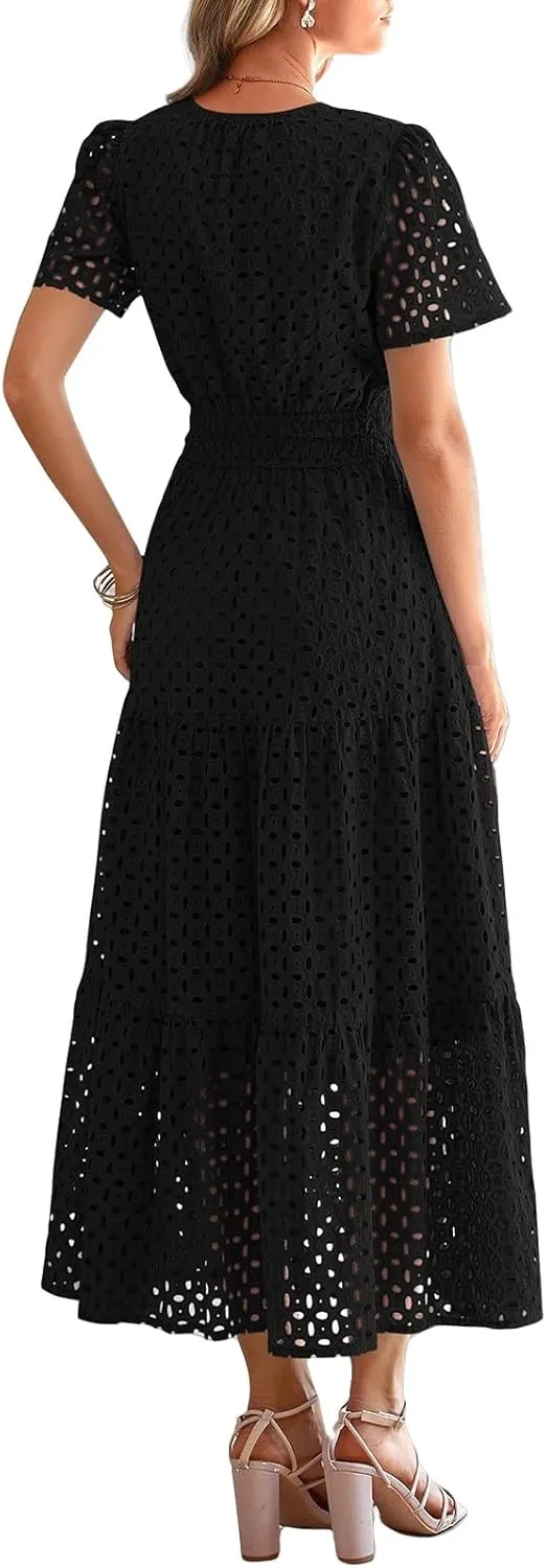 Summer Midi Dresses for Women Trendy Hollow Out V Neck Short Sleeve Dress Casual Comfortable Tunic Pleated Sundress